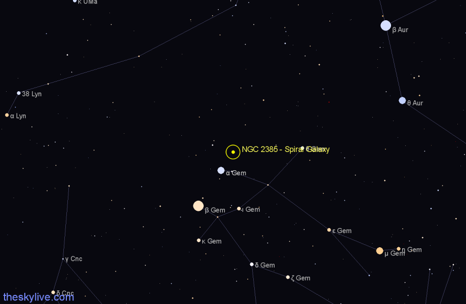 Finder chart NGC 2385 - Spiral Galaxy in Gemini star