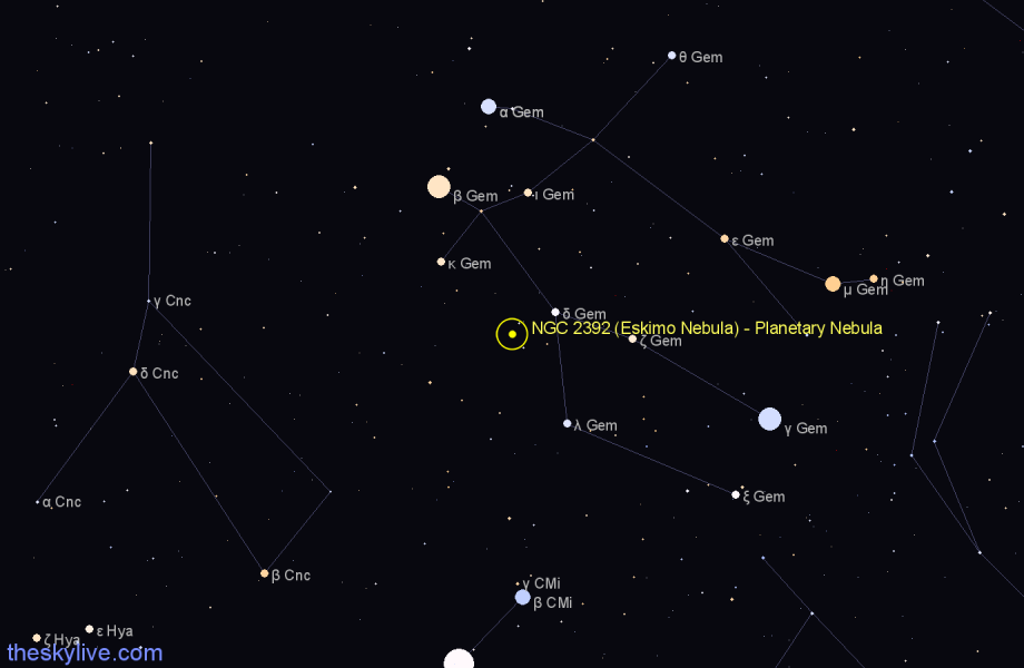 Finder chart NGC 2392 (Eskimo Nebula) - Planetary Nebula in Gemini star
