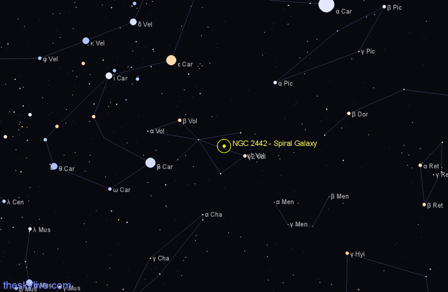 Finder chart NGC 2442 - Spiral Galaxy in Volans star