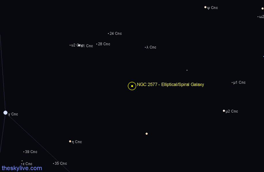 Finder chart NGC 2577 - Elliptical/Spiral Galaxy in Cancer star