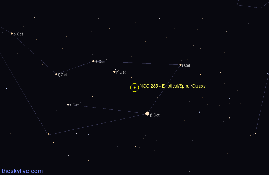Finder chart NGC 285 - Elliptical/Spiral Galaxy in Cetus star