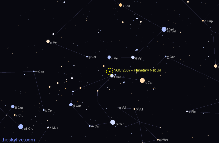 Finder chart NGC 2867 - Planetary Nebula in Carina star