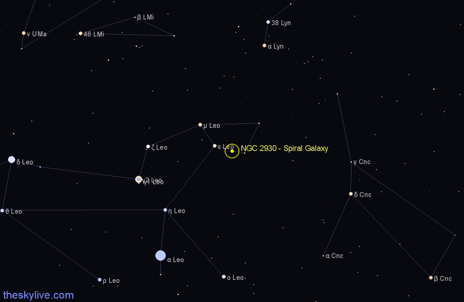 Finder chart NGC 2930 - Spiral Galaxy in Leo star
