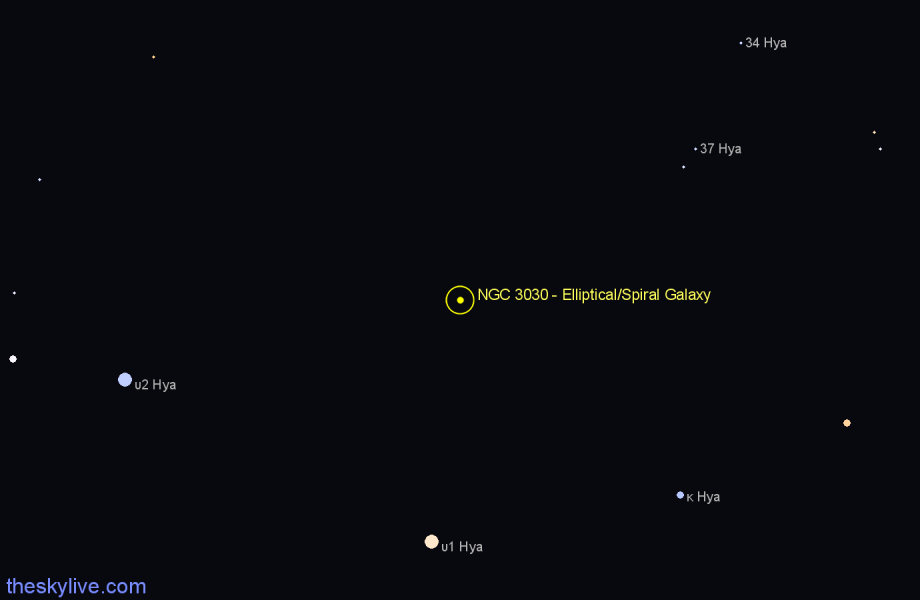 Finder chart NGC 3030 - Elliptical/Spiral Galaxy in Hydra star
