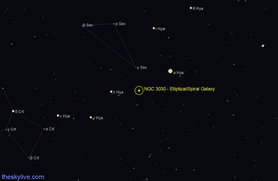 Finder chart NGC 3030 - Elliptical/Spiral Galaxy in Hydra star