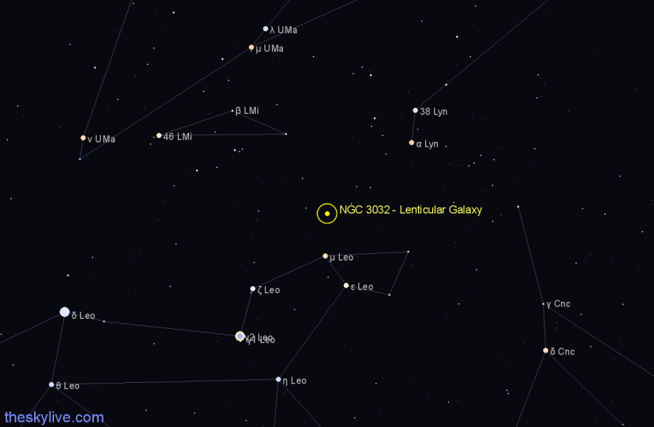 Finder chart NGC 3032 - Lenticular Galaxy in Leo star