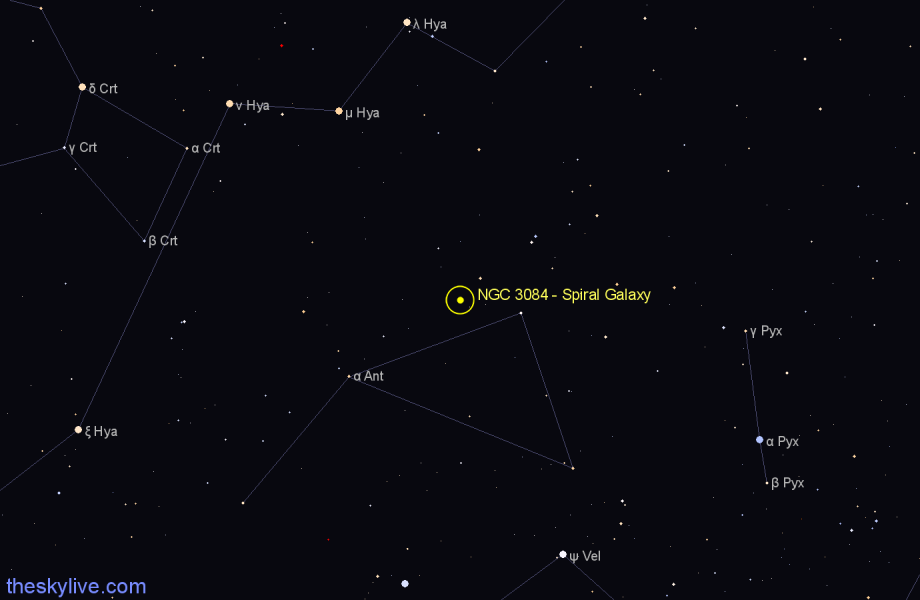 Finder chart NGC 3084 - Spiral Galaxy in Antlia star