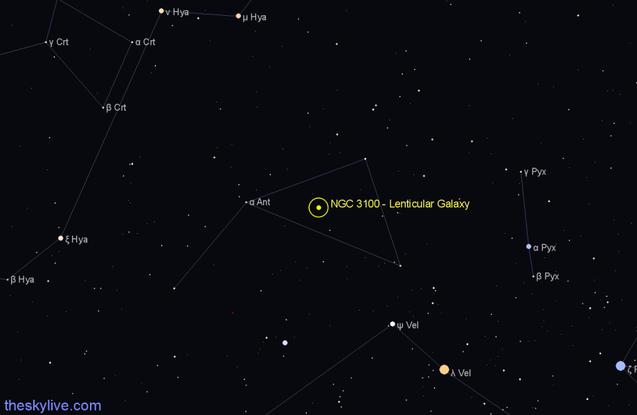 Finder chart NGC 3100 - Lenticular Galaxy in Antlia star