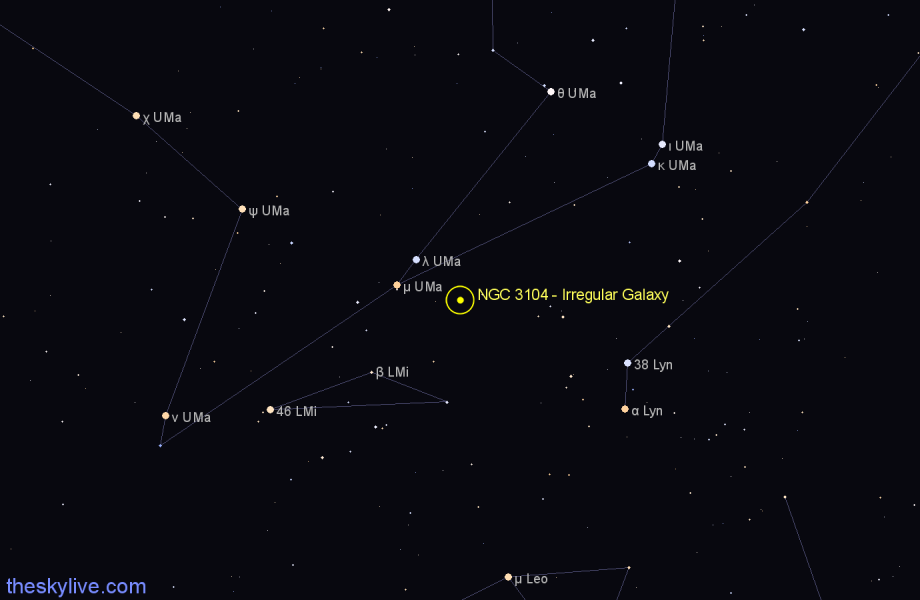 Finder chart NGC 3104 - Irregular Galaxy in Leo Minor star