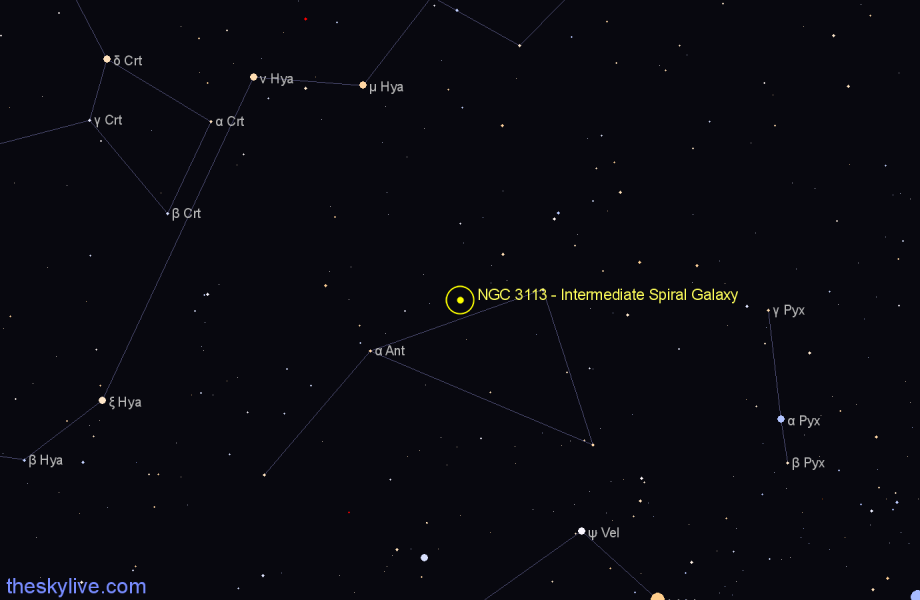 Finder chart NGC 3113 - Intermediate Spiral Galaxy in Antlia star