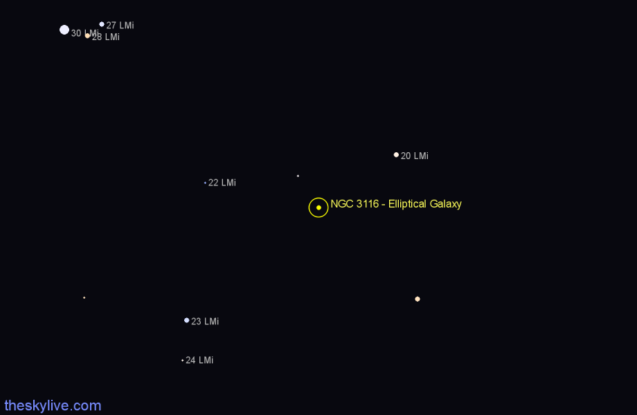 Finder chart NGC 3116 - Elliptical Galaxy in Leo Minor star