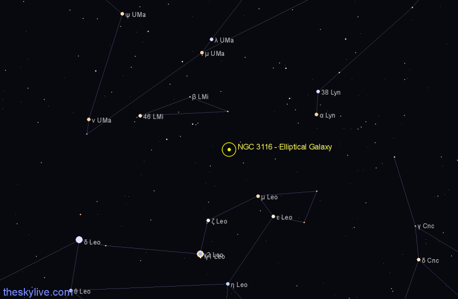 Finder chart NGC 3116 - Elliptical Galaxy in Leo Minor star