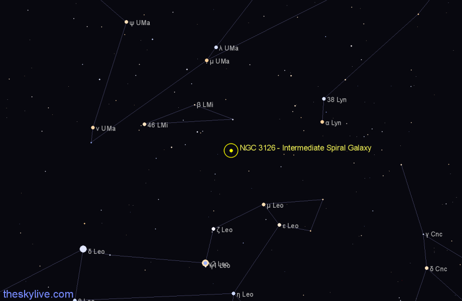 Finder chart NGC 3126 - Intermediate Spiral Galaxy in Leo Minor star
