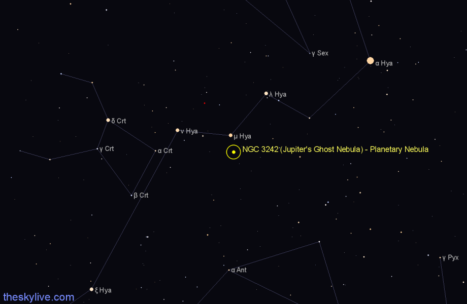 Finder chart NGC 3242 (Jupiter's Ghost Nebula) - Planetary Nebula in Hydra star