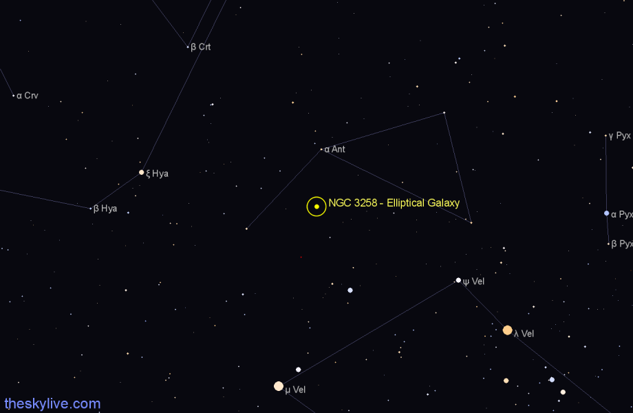 Finder chart NGC 3258 - Elliptical Galaxy in Antlia star
