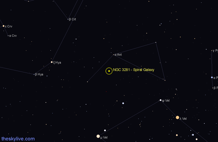 Finder chart NGC 3281 - Spiral Galaxy in Antlia star