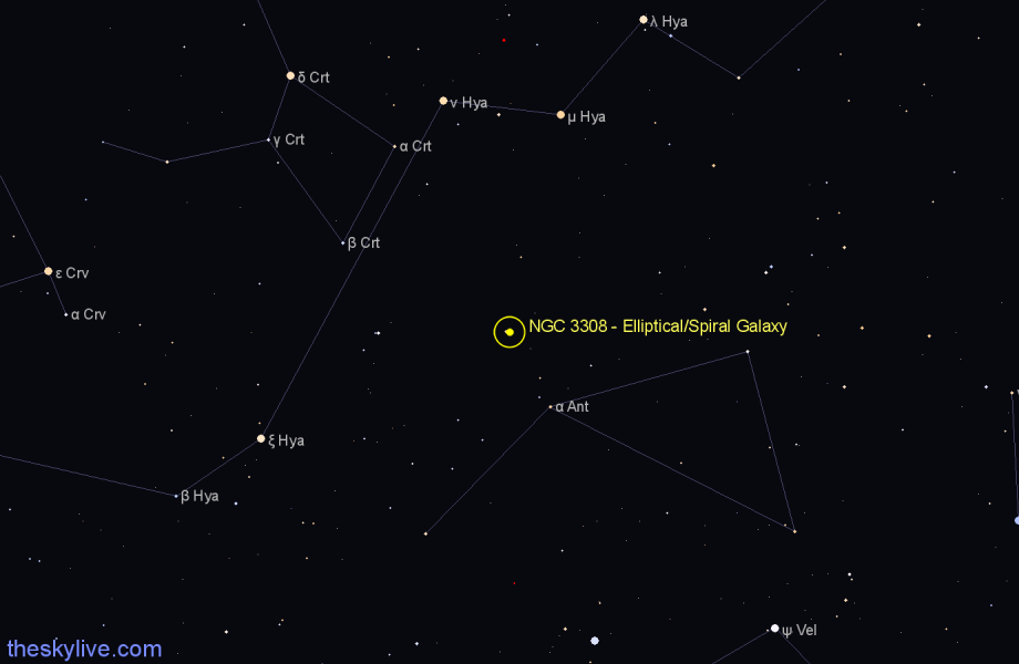 Finder chart NGC 3308 - Elliptical/Spiral Galaxy in Hydra star