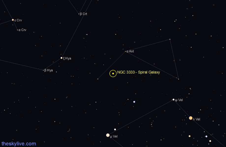 Finder chart NGC 3333 - Spiral Galaxy in Antlia star