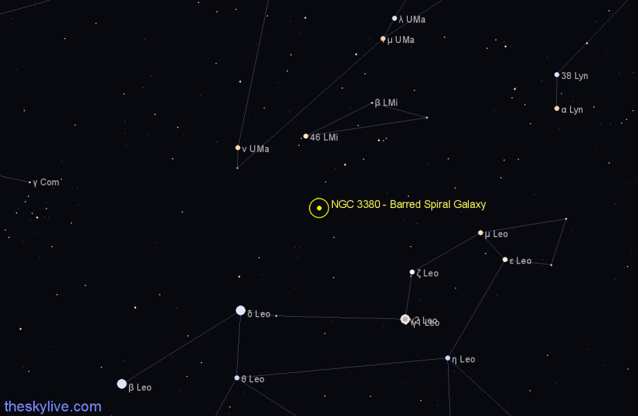 Finder chart NGC 3380 - Barred Spiral Galaxy in Leo Minor star