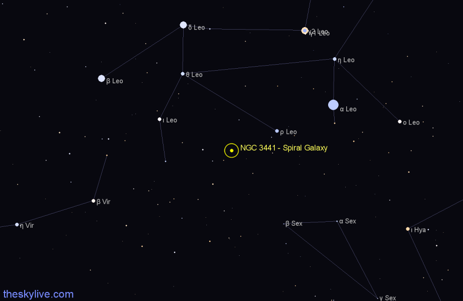 Finder chart NGC 3441 - Spiral Galaxy in Leo star