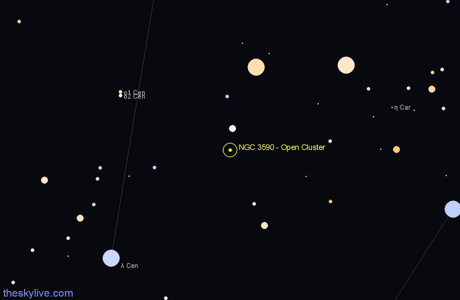 Finder chart NGC 3590 - Open Cluster in Carina star