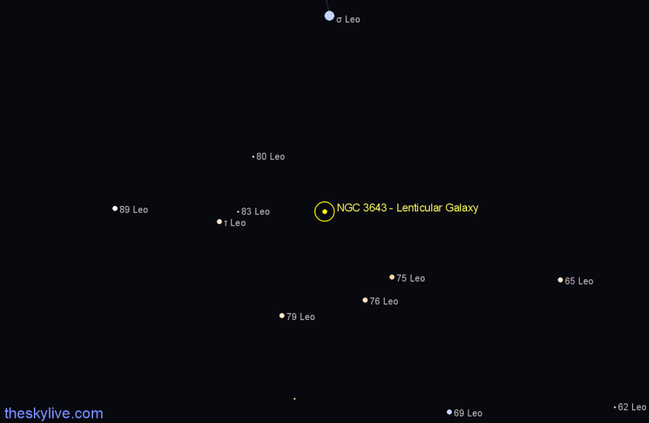 Finder chart NGC 3643 - Lenticular Galaxy in Leo star