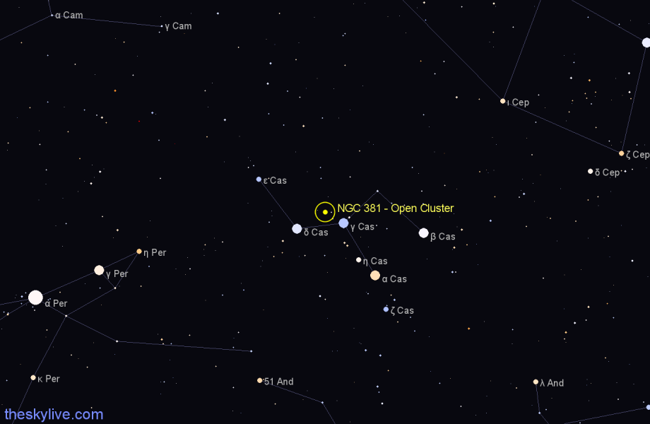 Finder chart NGC 381 - Open Cluster in Cassiopeia star