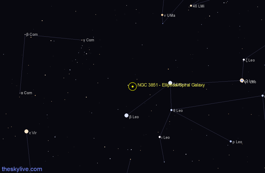 Finder chart NGC 3851 - Elliptical/Spiral Galaxy in Leo star