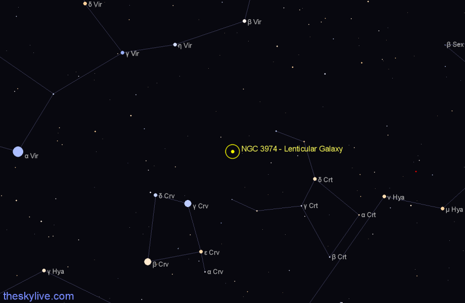 Finder chart NGC 3974 - Lenticular Galaxy in Corvus star