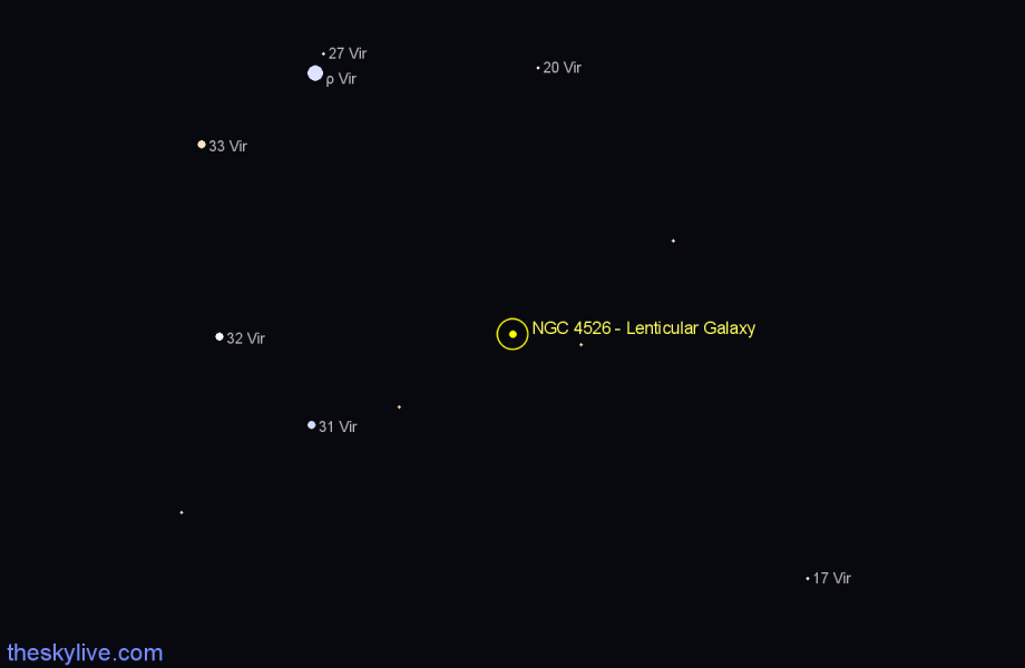 Finder chart NGC 4526 - Lenticular Galaxy in Virgo star