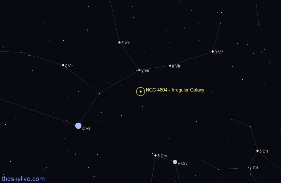 Finder chart NGC 4604 - Irregular Galaxy in Virgo star