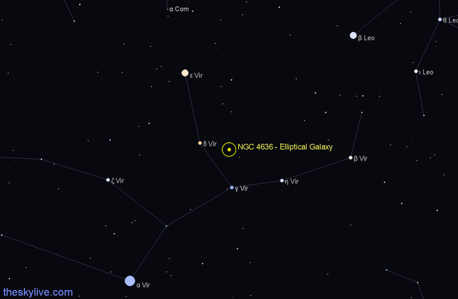 Finder chart NGC 4636 - Elliptical Galaxy in Virgo star