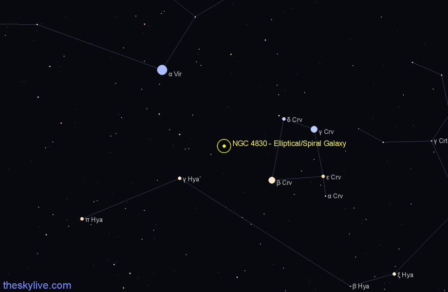 Finder chart NGC 4830 - Elliptical/Spiral Galaxy in Virgo star