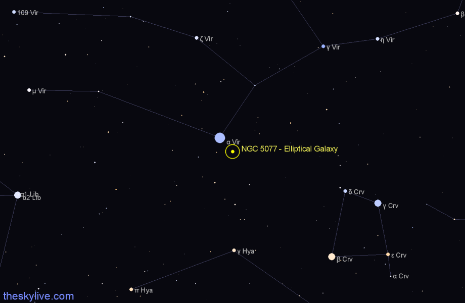 Finder chart NGC 5077 - Elliptical Galaxy in Virgo star