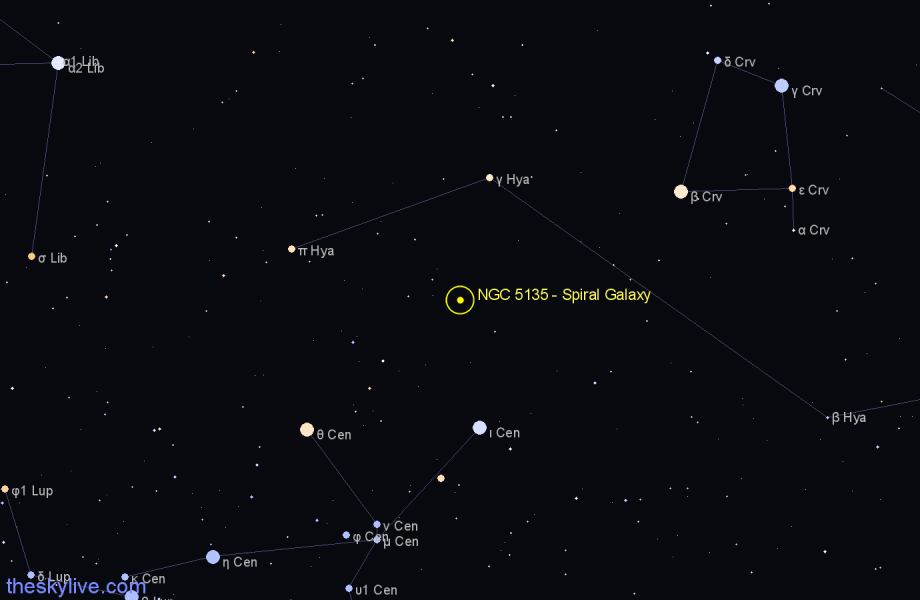 Finder chart NGC 5135 - Spiral Galaxy in Hydra star