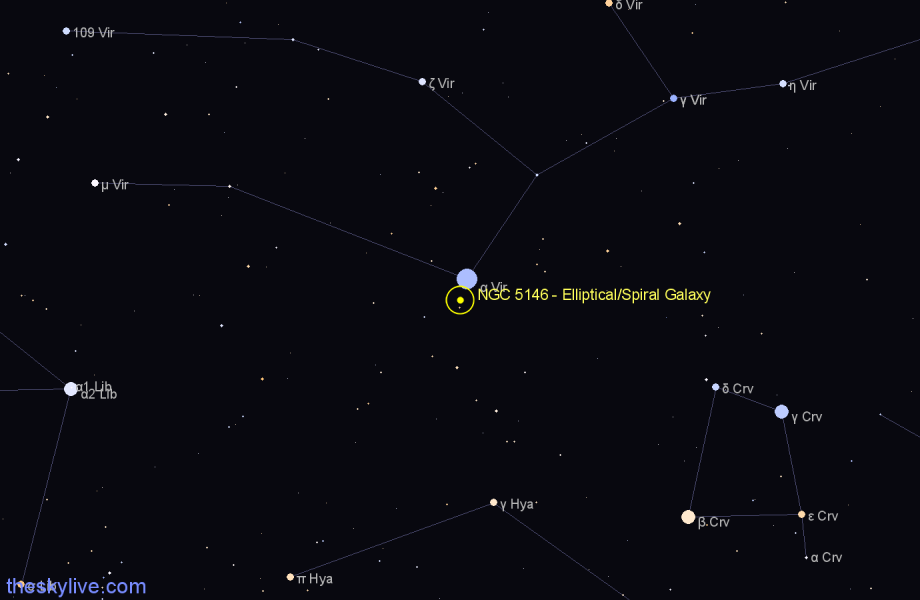 Finder chart NGC 5146 - Elliptical/Spiral Galaxy in Virgo star