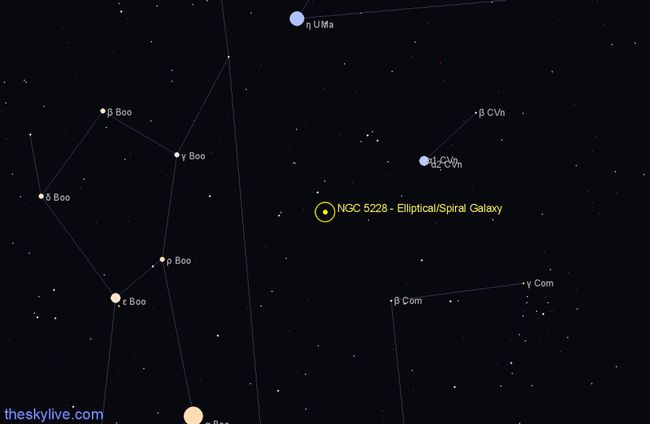 Finder chart NGC 5228 - Elliptical/Spiral Galaxy in Canes Venatici star