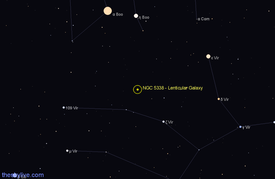 Finder chart NGC 5338 - Lenticular Galaxy in Virgo star