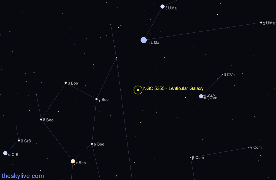 Finder chart NGC 5355 - Lenticular Galaxy in Canes Venatici star