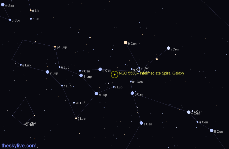 Finder chart NGC 5530 - Intermediate Spiral Galaxy in Lupus star