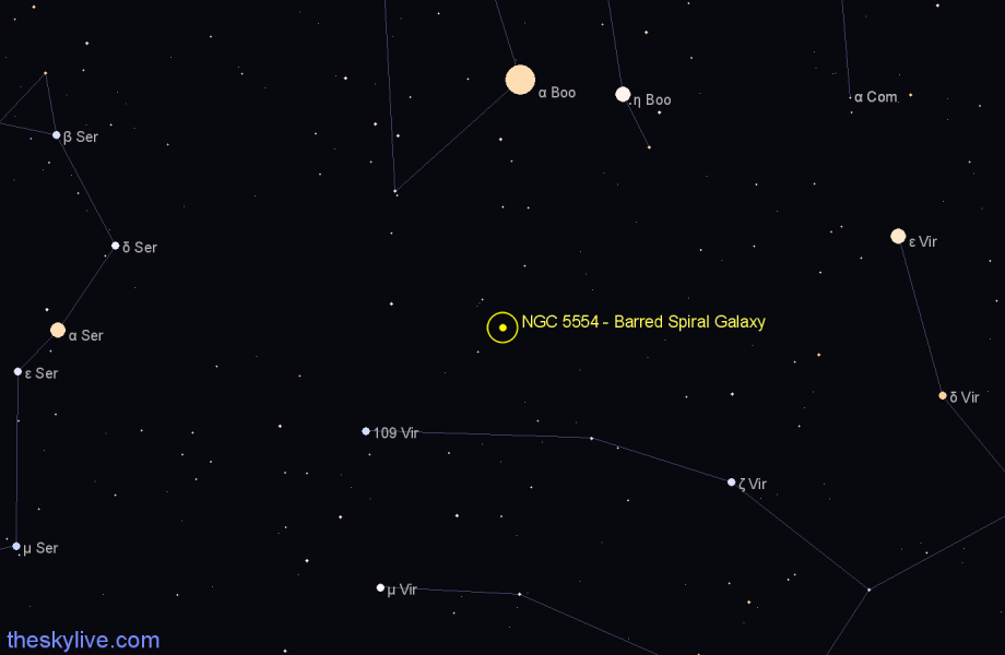 Finder chart NGC 5554 - Barred Spiral Galaxy in Virgo star
