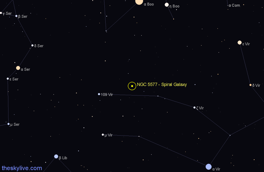 Finder chart NGC 5577 - Spiral Galaxy in Virgo star