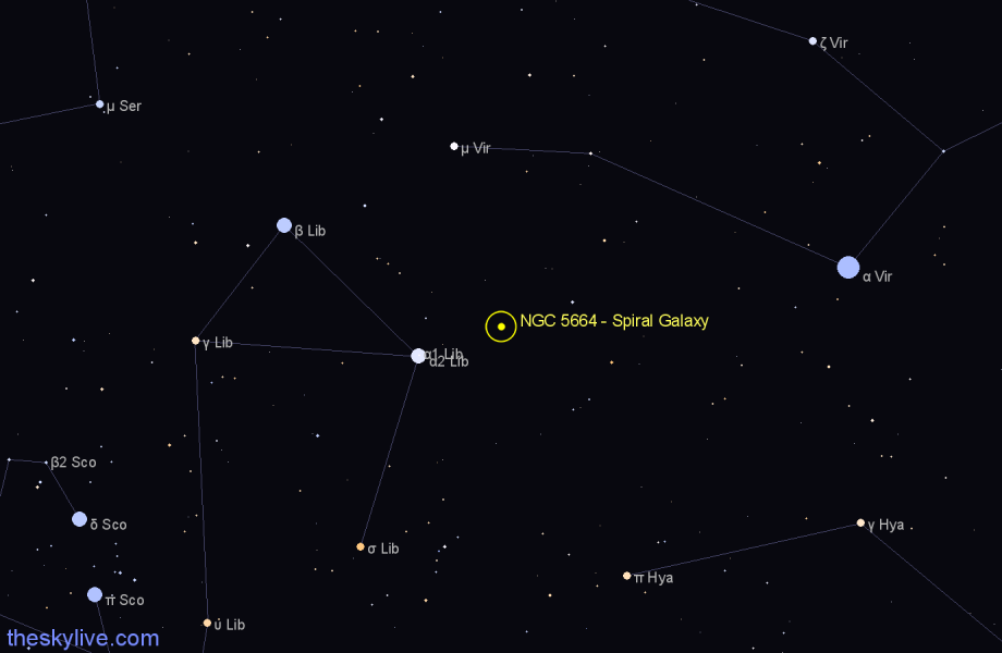 Finder chart NGC 5664 - Spiral Galaxy in Libra star