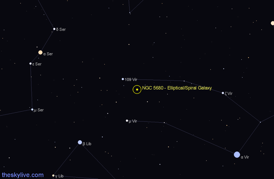 Finder chart NGC 5680 - Elliptical/Spiral Galaxy in Virgo star