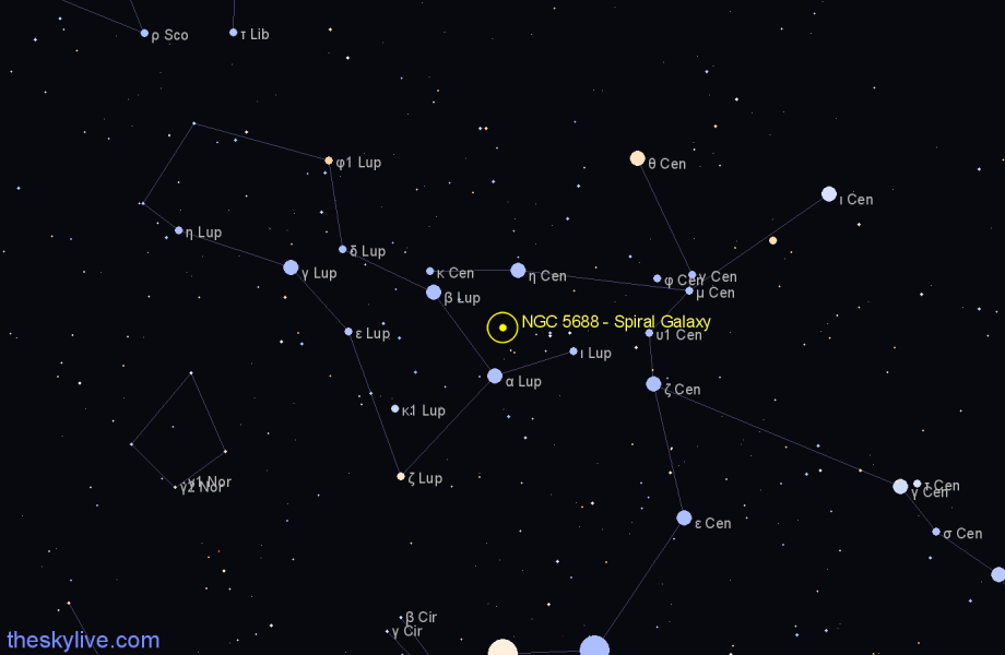 Finder chart NGC 5688 - Spiral Galaxy in Lupus star
