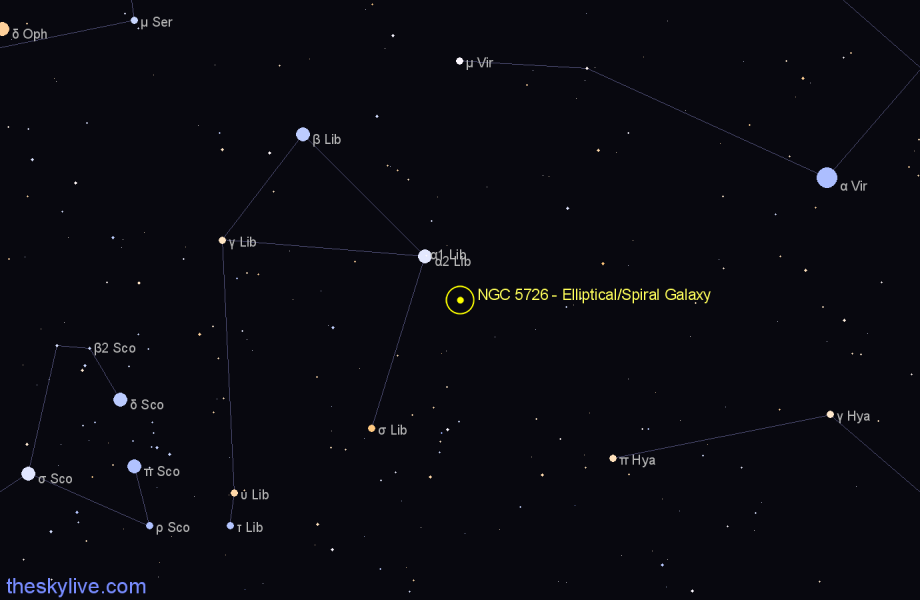 Finder chart NGC 5726 - Elliptical/Spiral Galaxy in Libra star