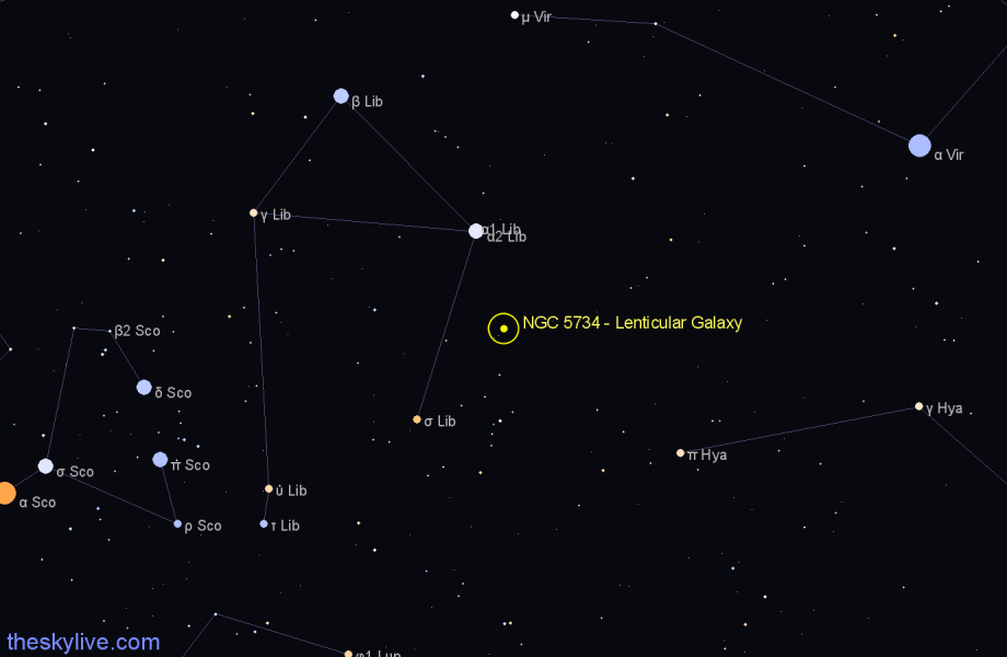 Finder chart NGC 5734 - Lenticular Galaxy in Libra star
