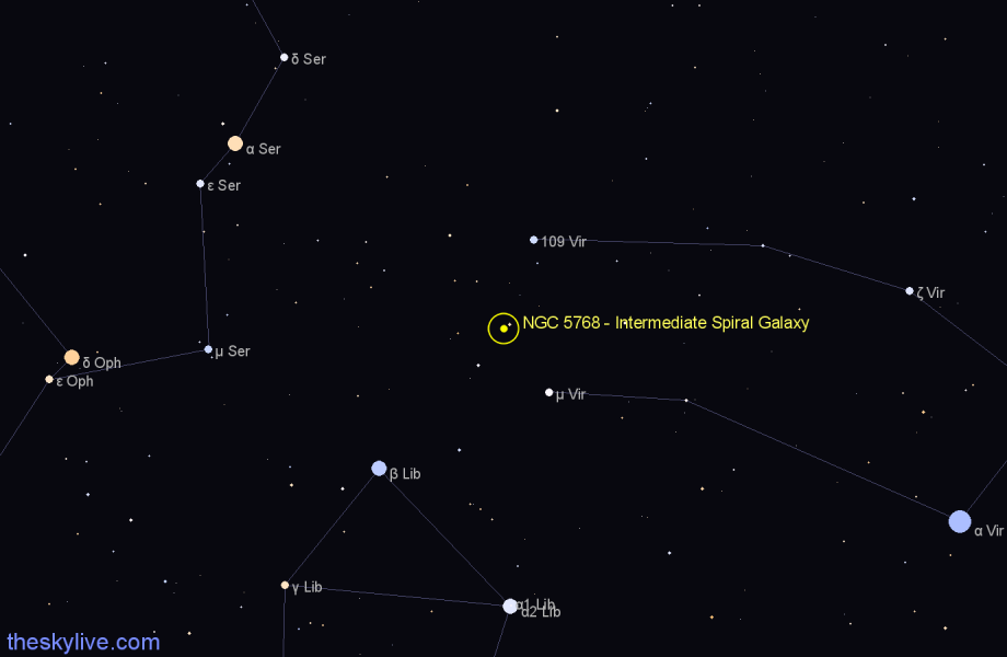 Finder chart NGC 5768 - Intermediate Spiral Galaxy in Libra star