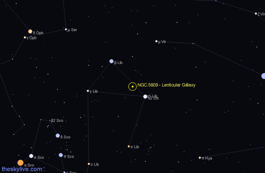 Finder chart NGC 5809 - Lenticular Galaxy in Libra star