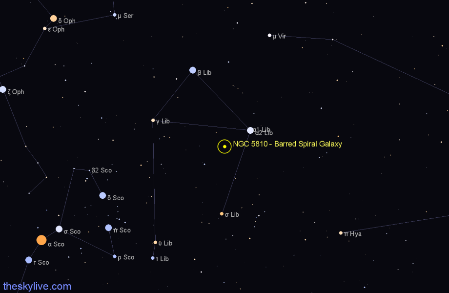 Finder chart NGC 5810 - Barred Spiral Galaxy in Libra star